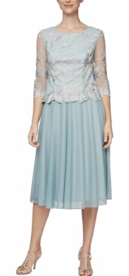 Alex Evenings Women's Embroidered Bodice Mock Dress Size 6 In Ice Sage |  eBay