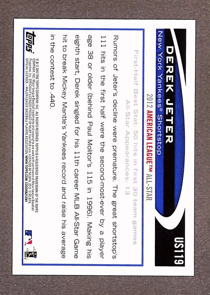 2012 Topps Update Series All Star Game Walmart Blue #US119 Derek Jeter - Image 2 of 3