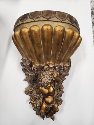 Cherub Angel Bronzed Gold Leaf Sconce Hanging Shelf Large 18'' x 12'' x 7.5'' 