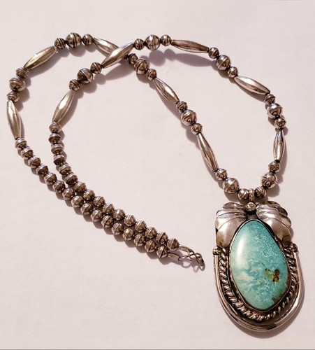 Retro Sterling Silver Green Turquoise Pendant Necklace Chain 22IN