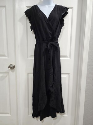 Women Black Dress Cross V Neck Bohemian Flowy Long Maxi Dress Black-Medium  | eBay
