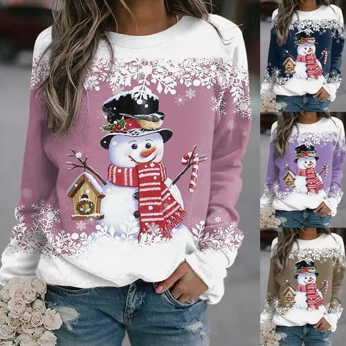 Womens Blouse Snowman T Shirt Patchwork Tee Christmas Printed Tops | eBay