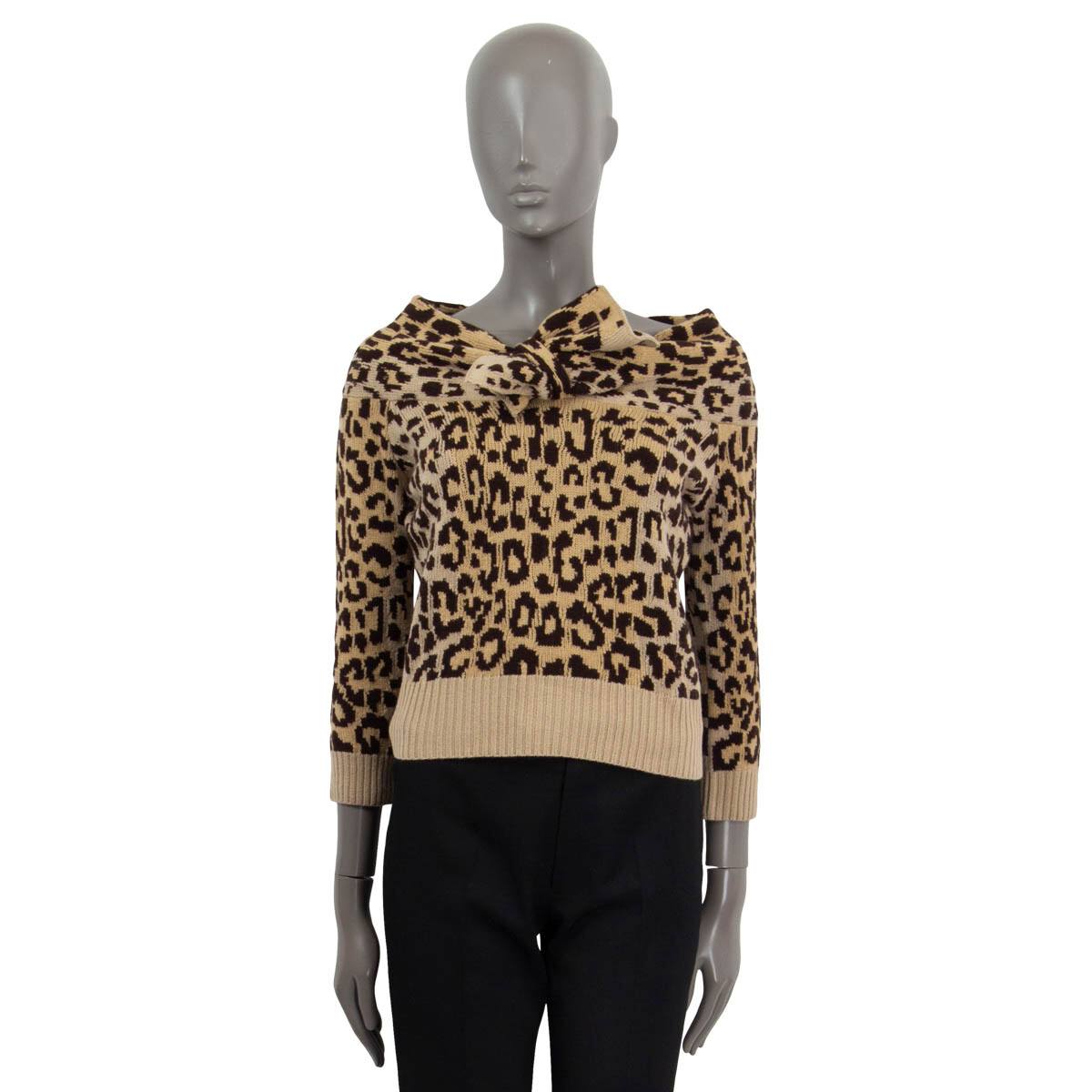 66436 auth CHRISTIAN DIOR beige cashmere LEOPARD BOW Sweater 38 S
