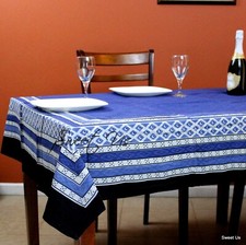 Cotton Block Print Tablecloth Rectangle Dining Kitchen Table Linen Blue