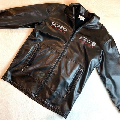 Kansai Yamamoto Black Faux Leather Zip Jacket Logo Embroidery Oversized Size L