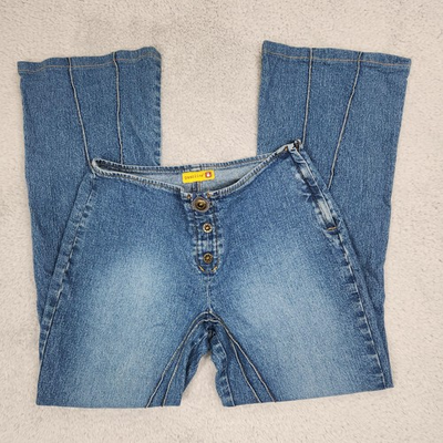 #ad Vintage Gasoline Jeans Womens Teen 9 Blue Flare Button Fly Zip Pockets Denim Y2K $13.79
