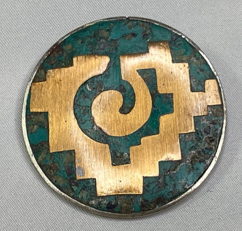 Sterling Silber Taxco Mexiko 925 Runde Maya Türkis Chip Inlay Anhänger Pin - Bild 1 von 5