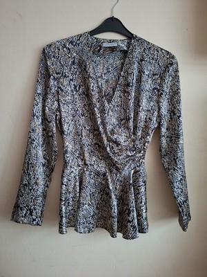 Pêche Beige Black Printed Satin Blouse Size 10