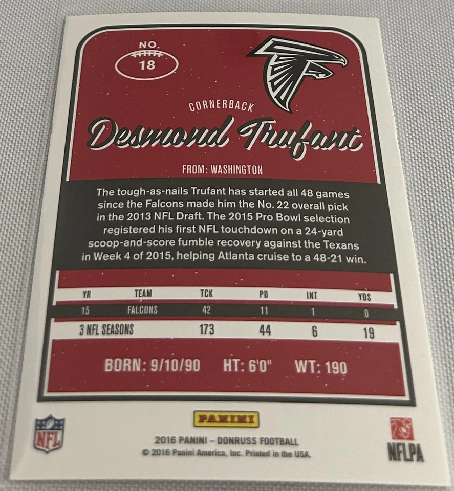 2016 Panini Donruss Football Desmond Trufant Atlanta Falcons base card #18 - Image 2 of 2