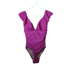 J. Crew Size 6 Pink Ruched Ruffle V-Neck One Piece Bathing Swimsuit Feminine NEW