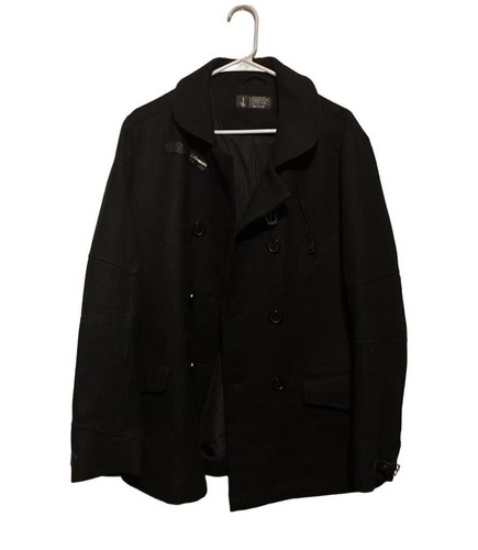 Howe Men's Black Wool-Blend Double-Breasted Peacoat with Buckle Collar Detail