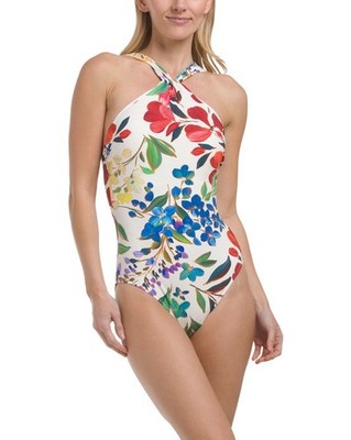 NEW GOTTEX GARDEN DREAM HIGH NECK TWIST HALTER ONE PIECE SWIMSUIT SIZE 12 NWT