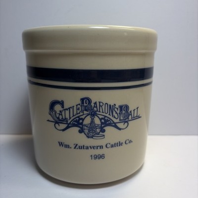 Vintage 1 Qt Cattle Baron s Ball Crock Roseville Ohio Blue Stripes 1996