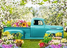 Spring Flowers Backdrop Kids Easter Photo Blue Truck Grass Decoration 8x6 Ft