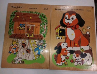 Two Vintage 70's Fisher Price Wooden Puzzles #518 And #511 Treehouse And Pups