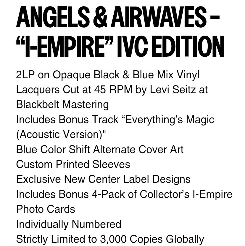 Angels and Airwaves I-Empire IVC Limited Edition Black Blue 2xLP
