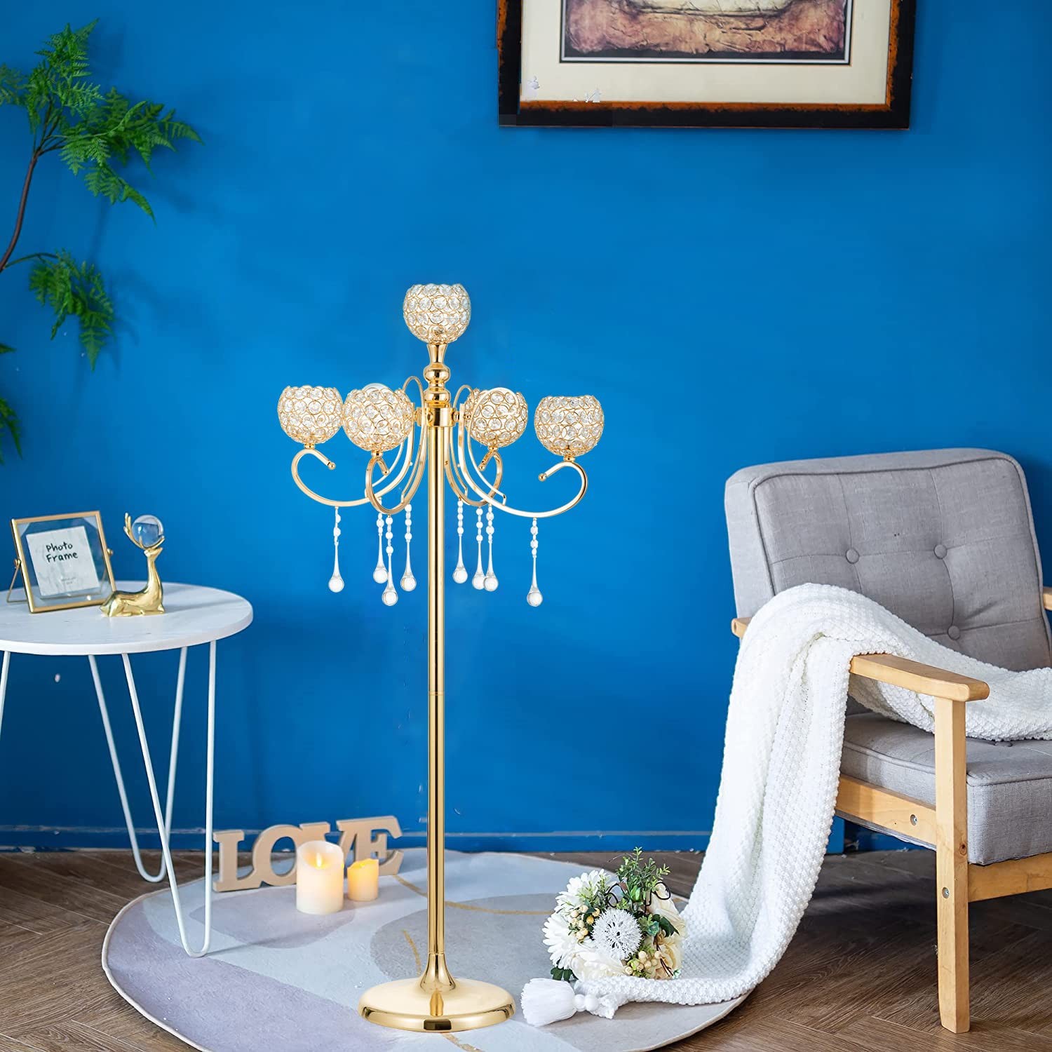 Gold Floor Candelabra for centerpieces, 45.3in Tall 5-Branch Candle Holder wi...