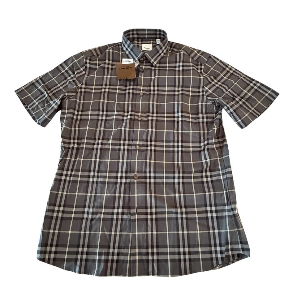 Camisa de algodón manga corta gris a cuadros Burberry SHEFFORD para hombre, 8084691 Foto 2 de 4