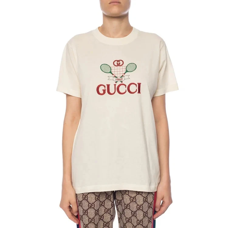 GUCCI テニスモチーフ Tシャツ Gucci Men Tennis Racket Embroidered T-shirt Cream | Sizes XS & M