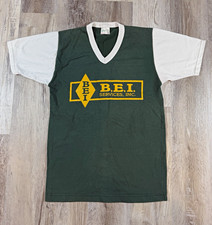 Vintage 80s B.E.I. Services Shirt Adult Small V-Neck Ringer Green White USA Made
