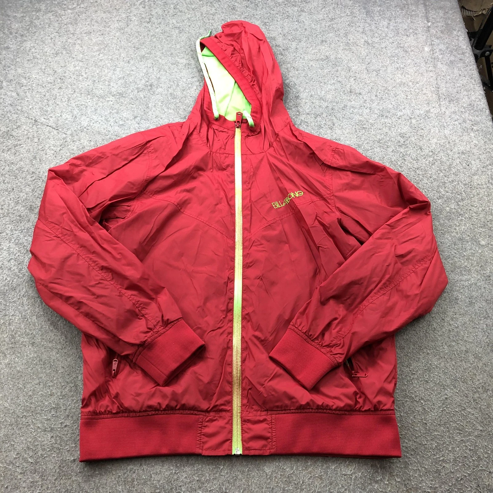 Billabong Jacket Mens Large Red Hooded Windbreaker Full Zip Nylon Lightweight