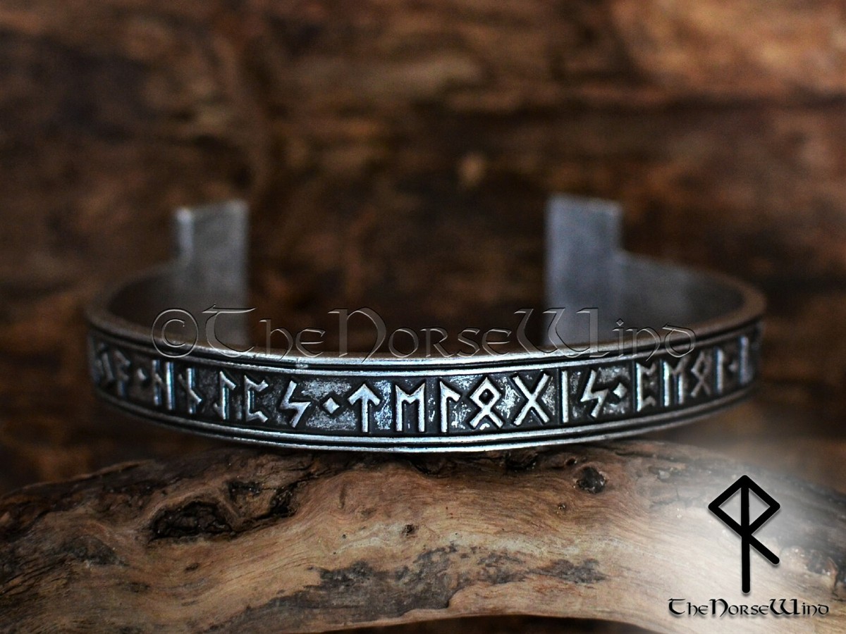 Viking Runes Bracelet -Gibu Auja- Futhark Cuff Silver Arm Ring