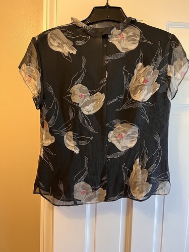 Jones New York Womens Short Sleeve Black & Gray Silk Floral Blouse SZ 4 - Picture 3 of 3