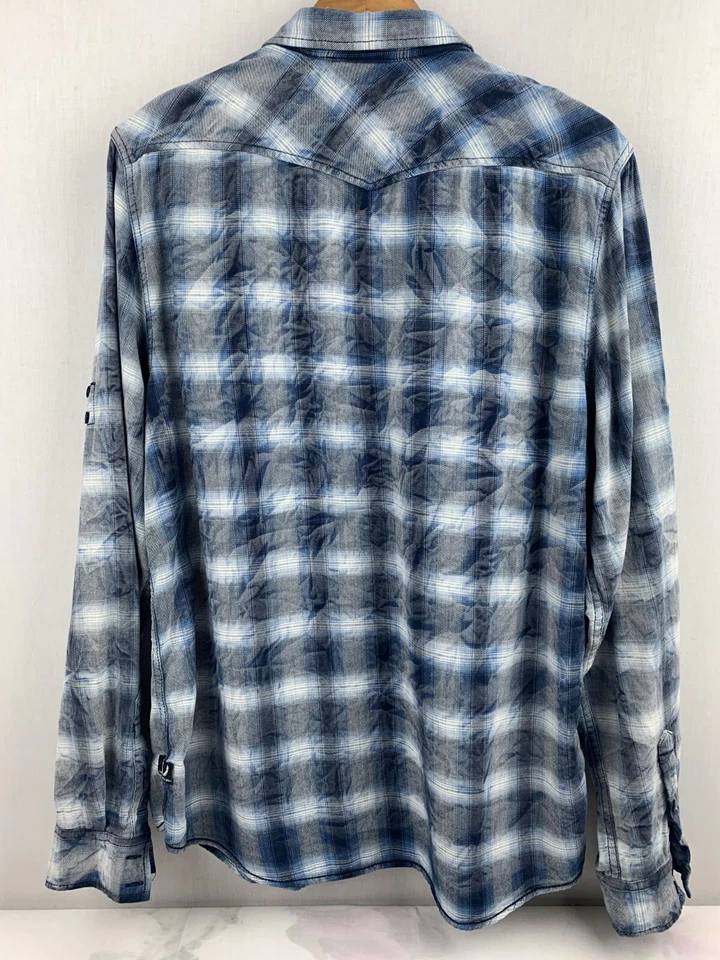 JEANS BUFFALO ( XL ) Men's Collar Shirt  Plaid Tie Dye Wrinkle Blue  button Down - Image 2 of 4