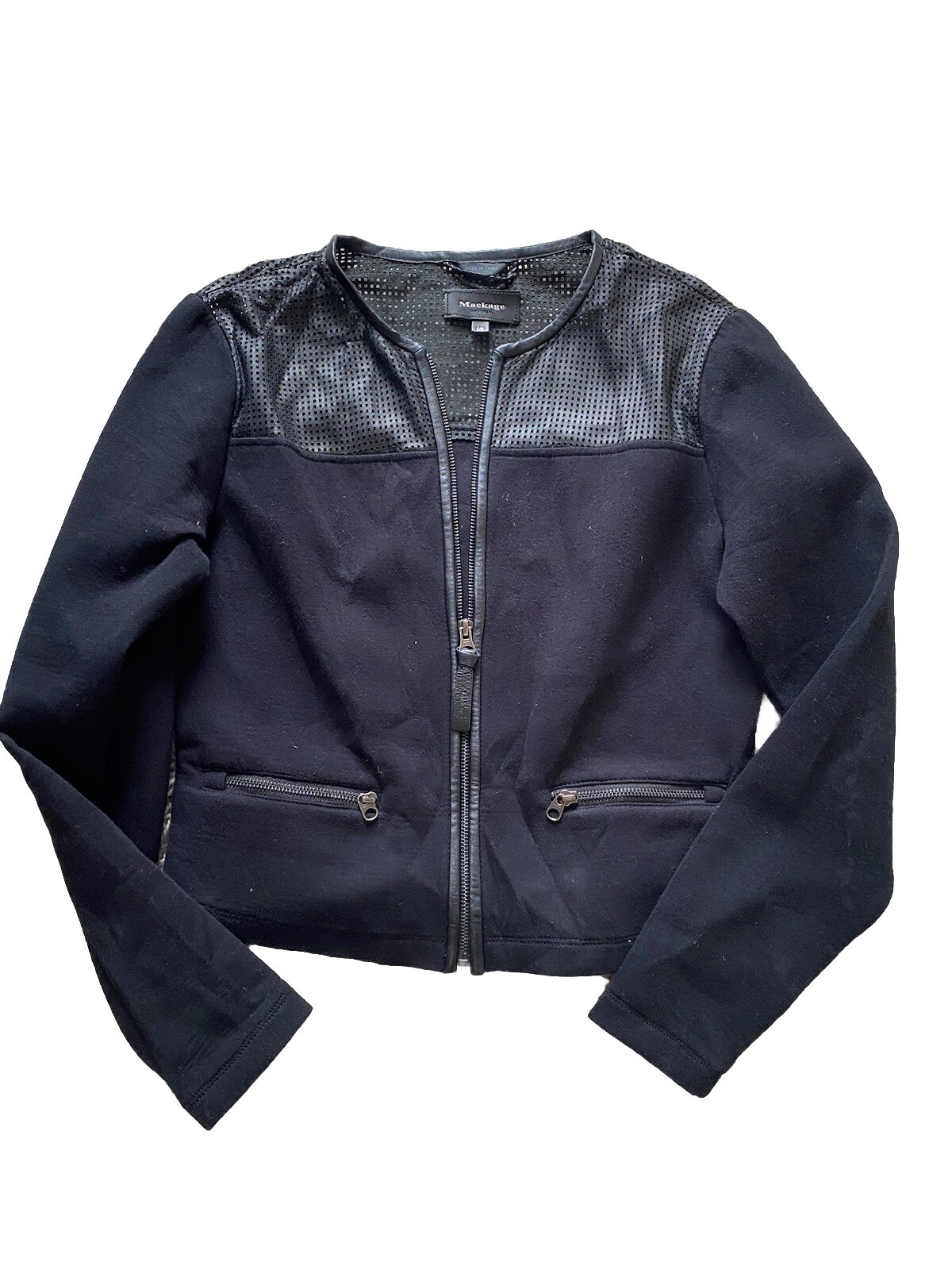 Mackage Black Large Zip-Up Blazer with Perforated Lamb Leather Trim-image