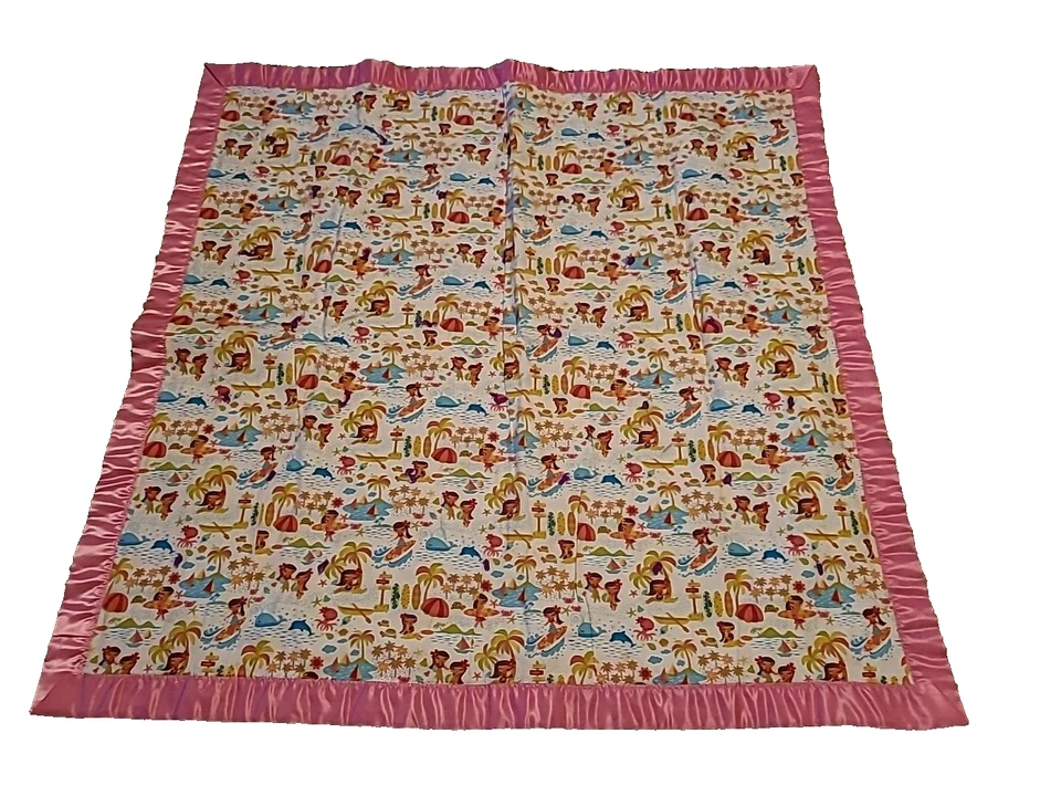 Baby Girl Blanket Satin Trim Quilt Handmade Crib Rainbow Hula Beach Pink Edge - Image 3 of 4