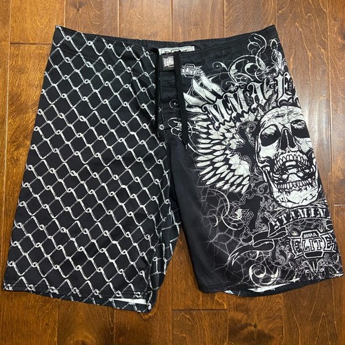 Pantaloncini MMA Elite Y2K Vintage Combat Fighting Board Teschi Nero Bianco Uomo XL - Foto 3 di 8