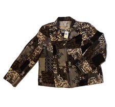 Renaissance Tapestry Patchwork Floral Leaf Brown Beige White Zip Jacket Size L