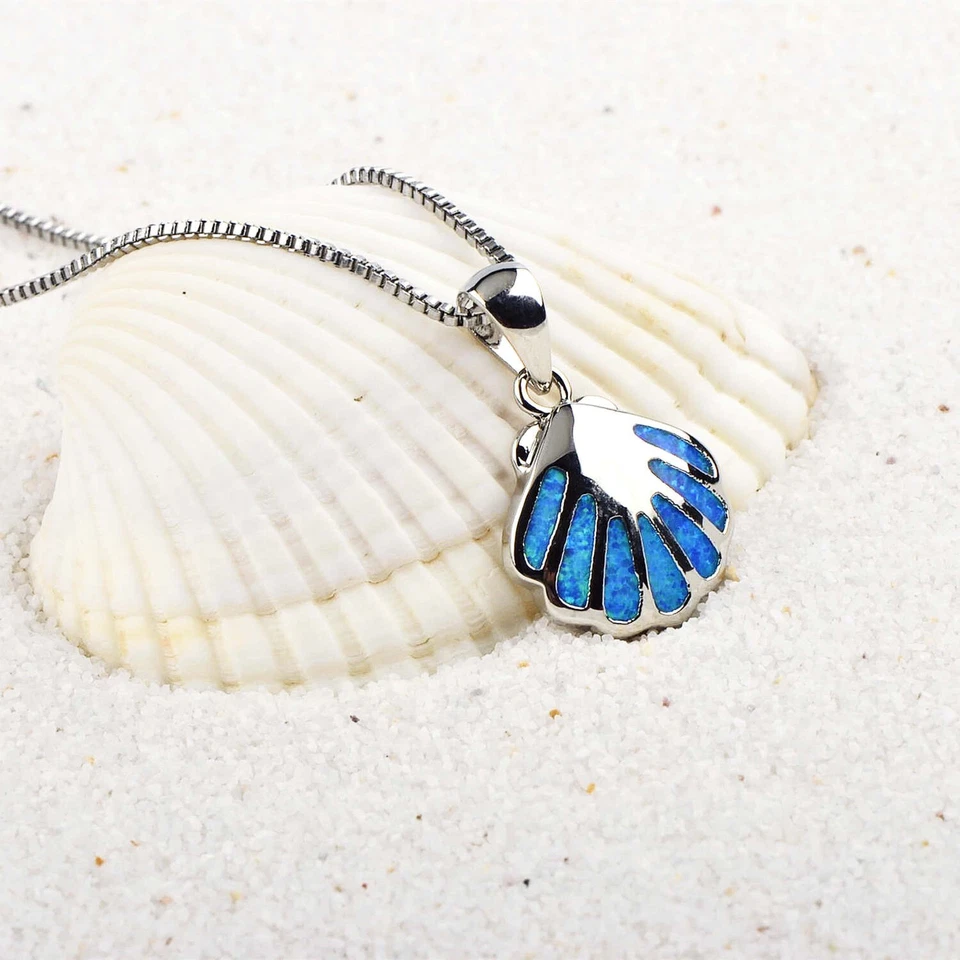 Hawaii Blue Fire Opal Shell Necklace pendants Silver Filled For Women Girls - Image 3 of 4