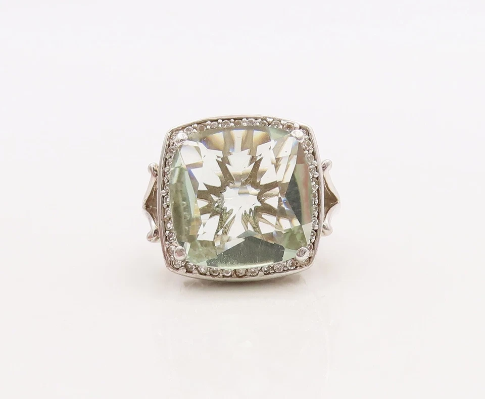 Anillo Vintage Plata de Ley 925 Cuadrado Verde Amatista Halo Diamante Talla 7 RG29864 Foto 2 de 4