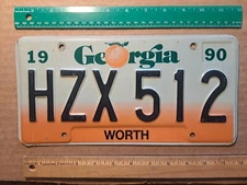 License Plate, Georgia, 1990, Peach, Worth County, Passenger, HZX 512
