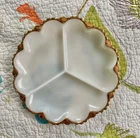 Vintage Anchor Hocking Milk Glass 3 Section Serving Plate w/Scalloped Gold Trim!