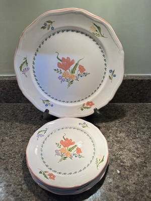Sango Country French Salad & Dinner Plates Dijon Inner Blue Floral Ring Set Of 3