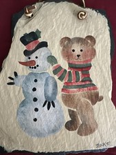 Vtg 1987 Winter Snowman & Bear Real Slate Home Wall Decoration Hanging 5”x7”