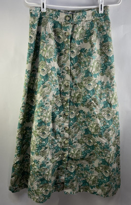VTG Linen Blend Midi Skirt Womens 8 Green Floral Button Front Cottagecore Modest