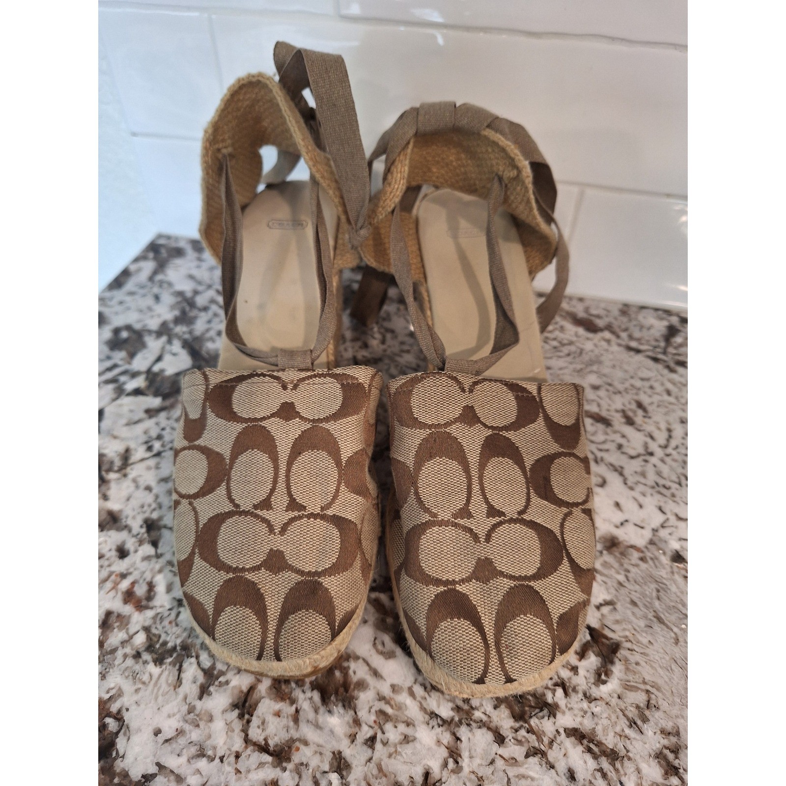Coach Brittney Logo Tan Brown   Espadrille Wedge Sandal Size 8 Jacquard Tie