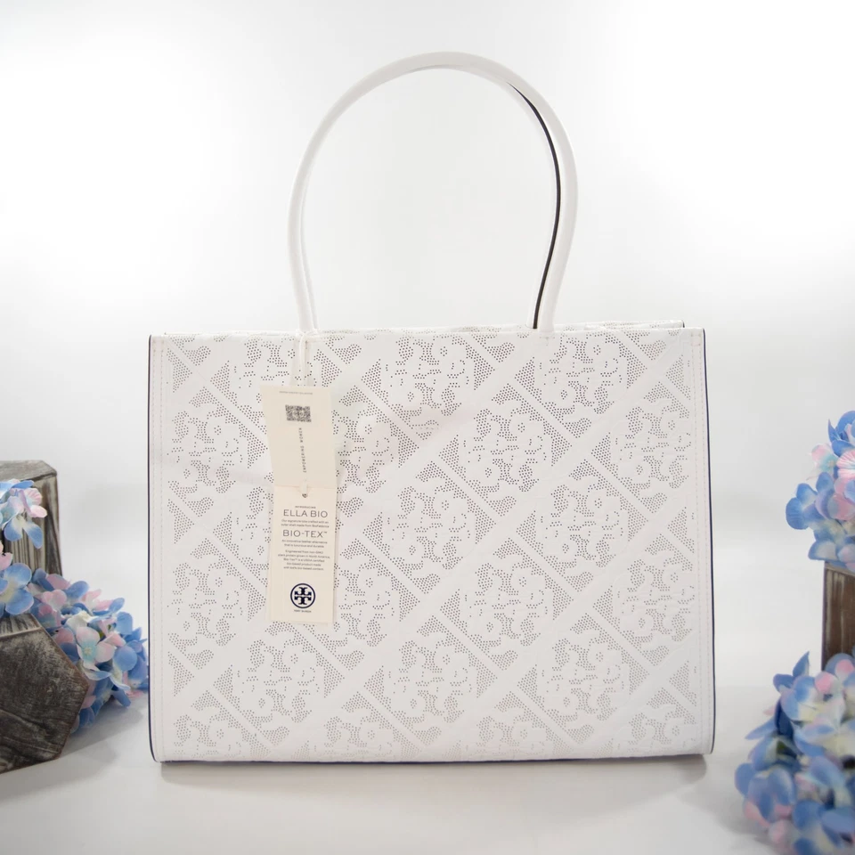 Bolso de Mano Pequeño Tory Burch Ella Blanco Perforado Floral Cuero Bio Vegano Nuevo con Etiquetas Foto 2 de 4