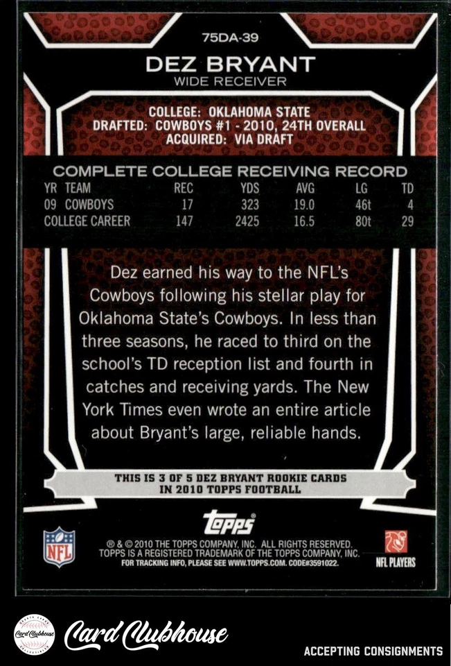 2010 Topps Draft 75th Anniversary #75DA-39 Dez Bryant - Image 2 of 2