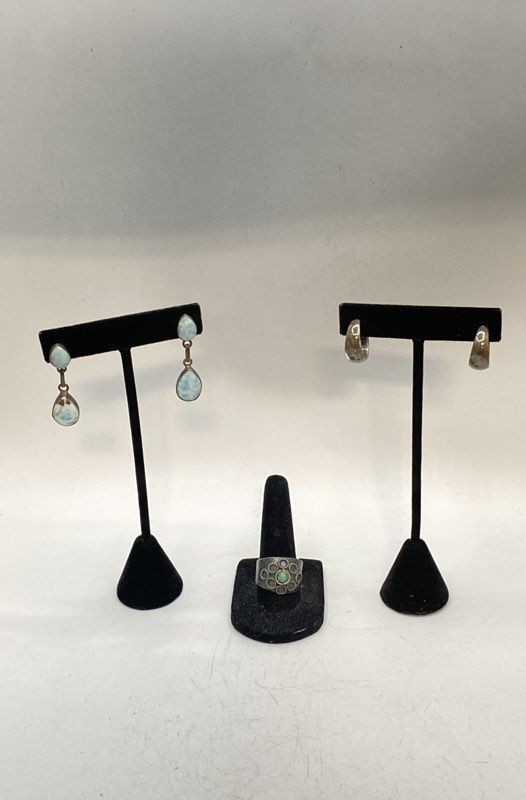 Sterling Silver 925 Larimar Drop Earrings & Turquoise Flower Ring Jewelry Lot