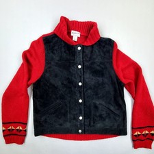 Vtg Pendleton Aztec Lambswool Knit Suede Leather Snap Front Sweater Jacket XL