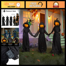 Set of 3 LED Black Halloween Witches with Hats - 4ft Weatherproof Stakes, Spooky