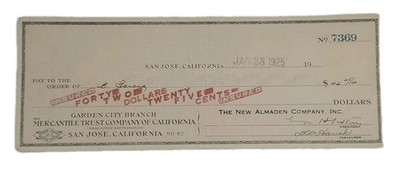 1925 Bank Check: Mercantile Trust Co of San Jose, CA - The New Almaden Co, Inc