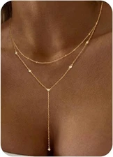 Layered Necklaces for Women,Dainty 14K Gold Plated Long Lariat Necklace CZ 