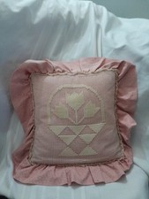 Vintage Cross stitch Pillow Tulips Pink 12×1...