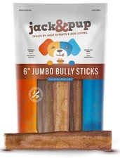 Jack&Pup 6" Bully Sticks for Dogs | Jumbo Odor Free Pizzle Sticks for Large D...