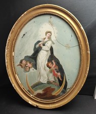 Antico Dipinto su Vetro -XVII Secolo- Immacolata Concezione- Madonna con Angeli 